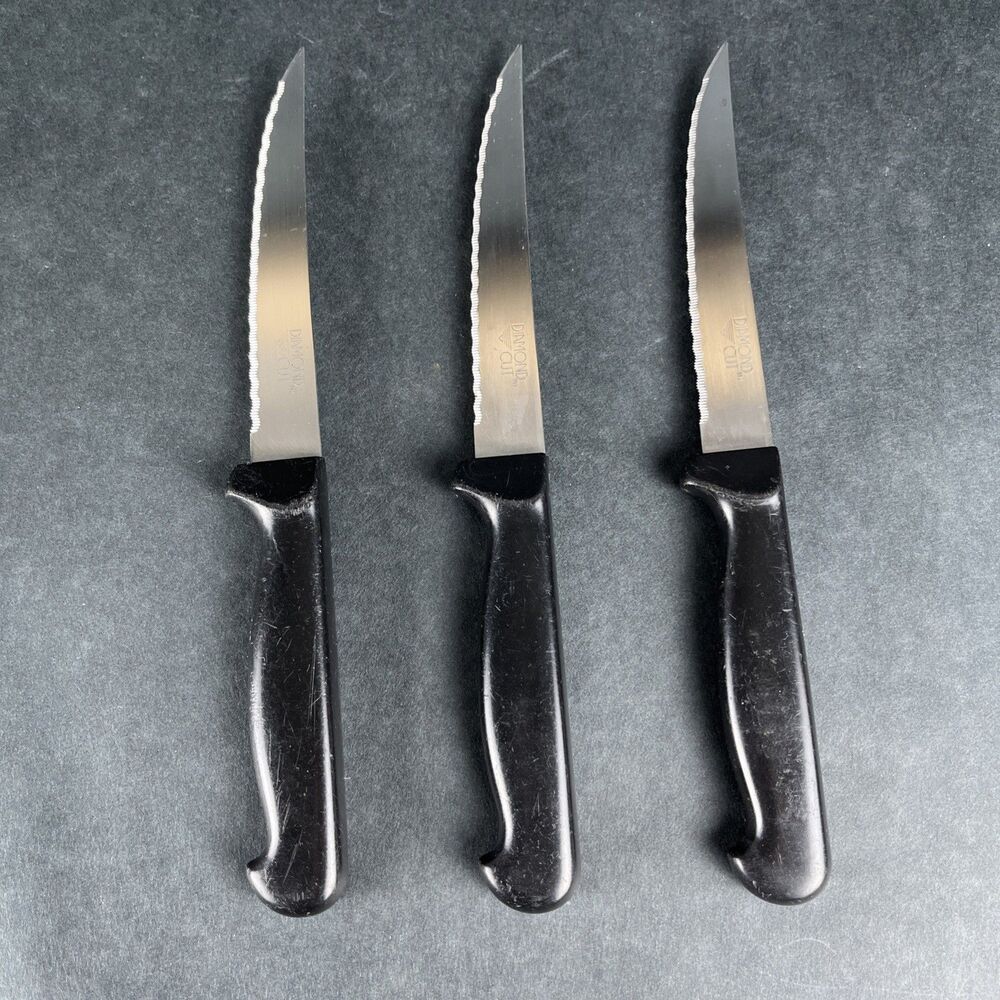 3 Diamond Cut Steak Knife Stainless Black Composite Handle 4.25" Serrated Blade